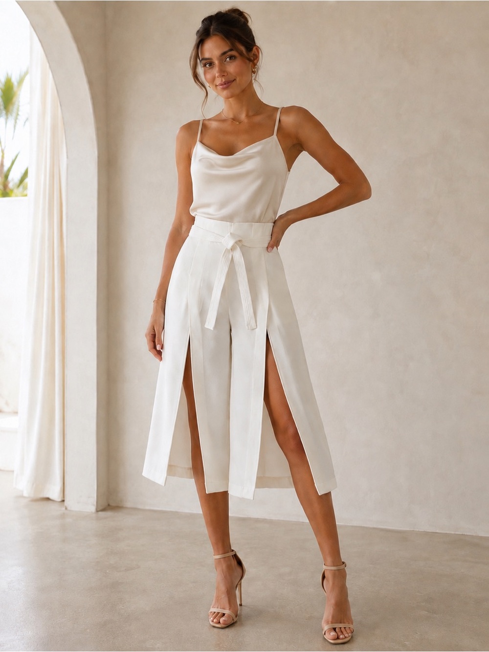 DKNY High-Waist High Drape 
Split-Leg Ivory Pants with Tie Belt - Picture 12 of 12
